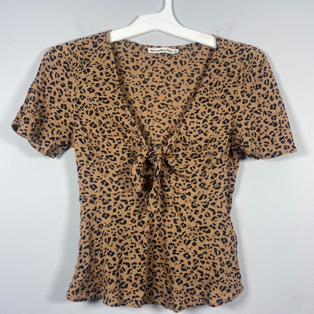 Abercrombie & Fitch Blouse Womens Small Tan Animal Print Peplum Top Babydoll Y2K